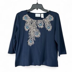 Alfred Dunner Blue Embroidered 3/4 Sleeve Top